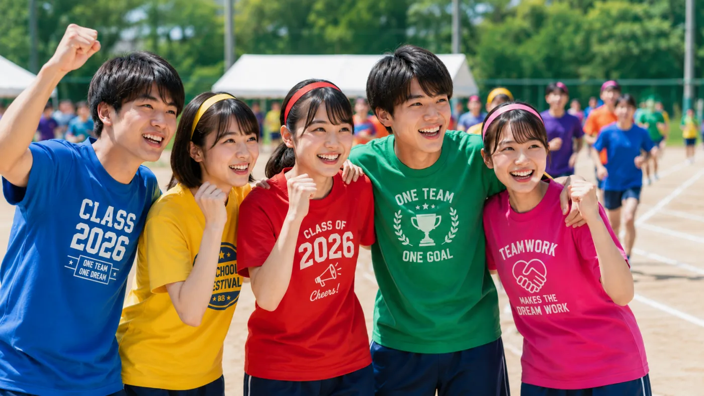 体育祭で色違いのクラスTシャツを着て並ぶ生徒たち