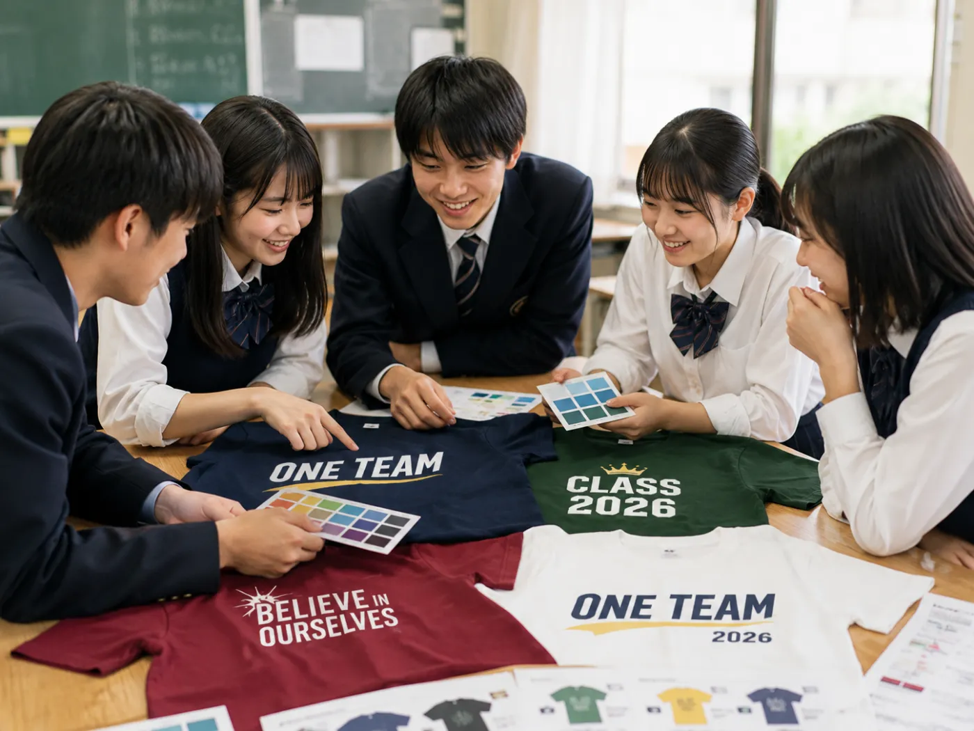 教室でクラスTシャツの色見本を見ながら配色を相談している高校生