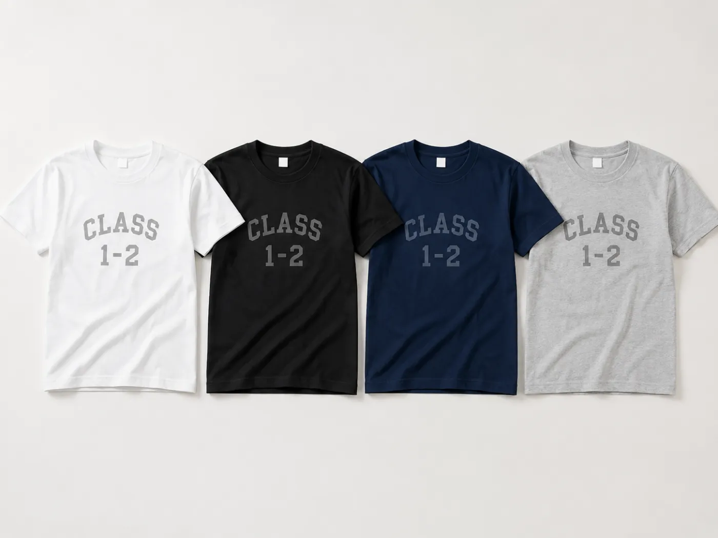 白、黒、紺、グレーのクラスTシャツ生地色を並べた比較写真