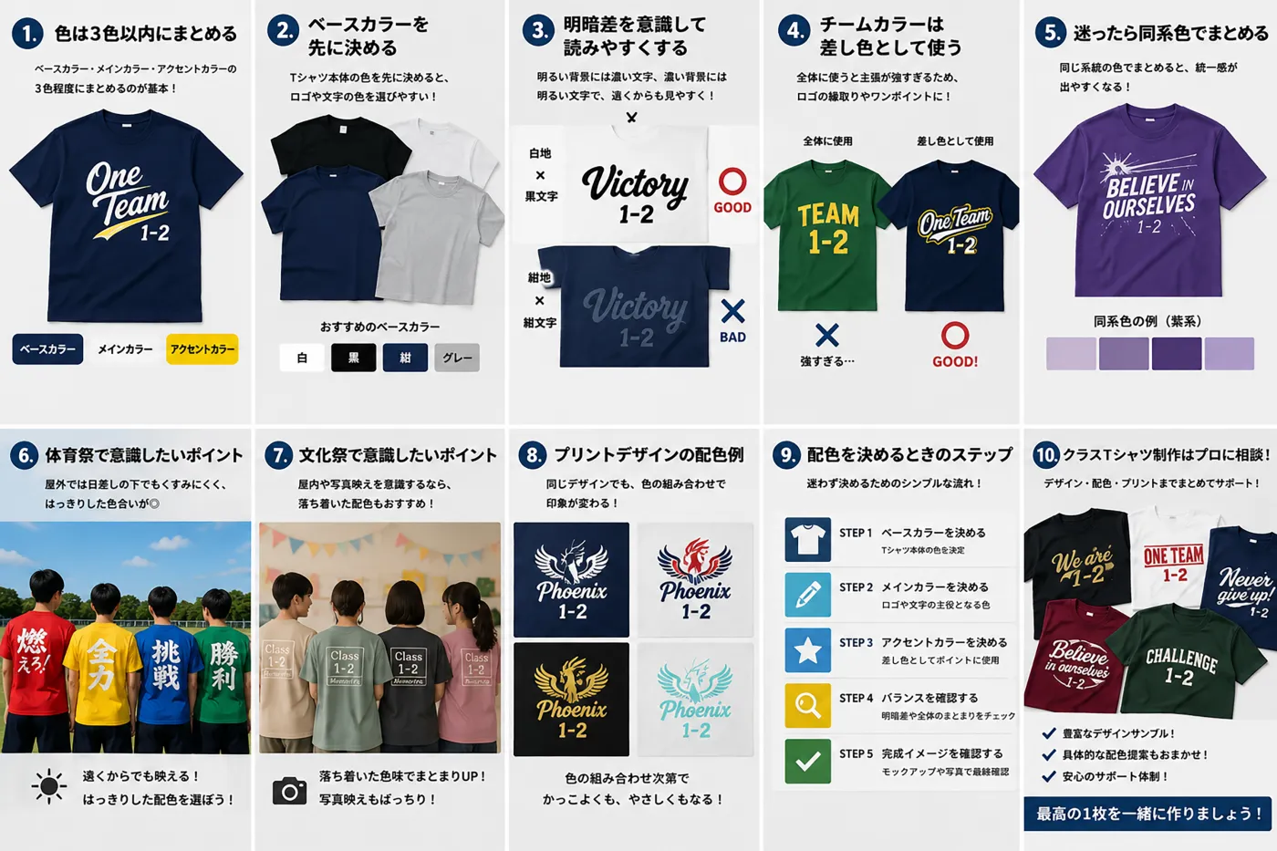 クラスTシャツの配色ルールを10項目で整理した比較表
