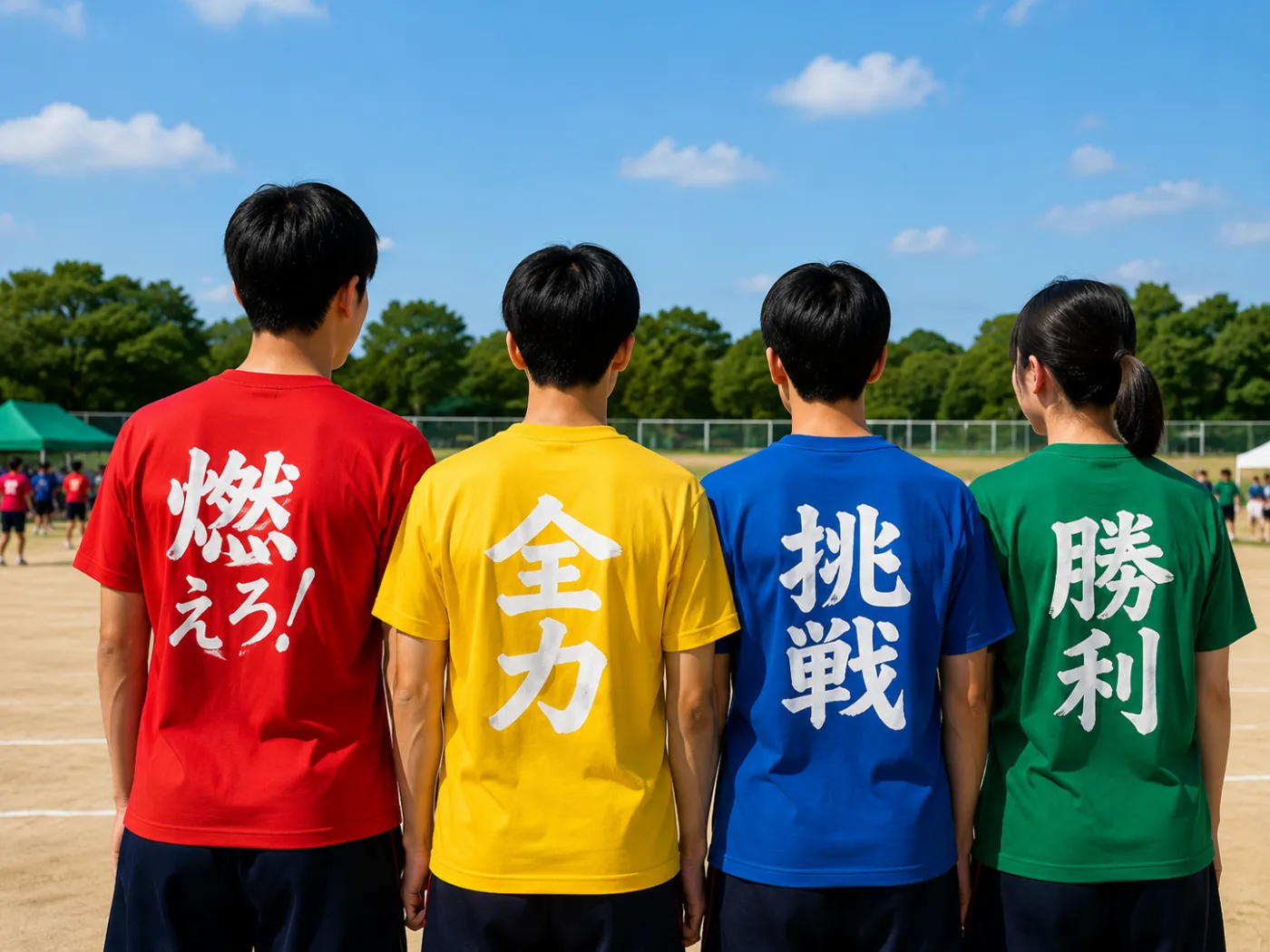 体育祭のグラウンドで赤、黄、青、緑のクラスTシャツを着た生徒たち