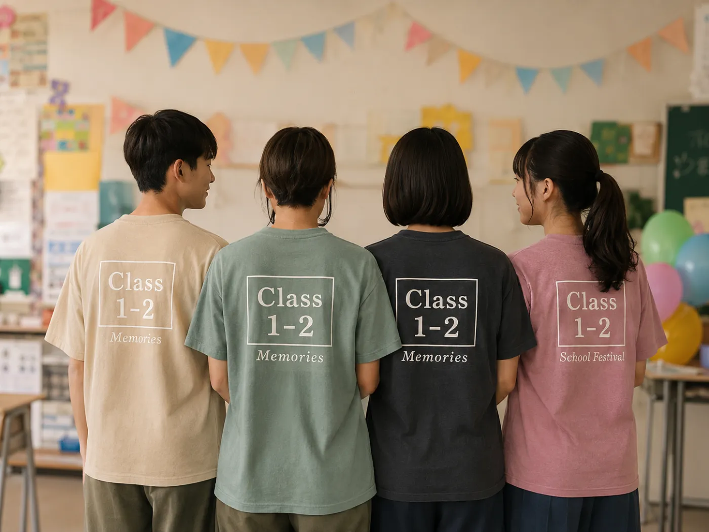 文化祭の教室で落ち着いた色のクラスTシャツを着た生徒たち