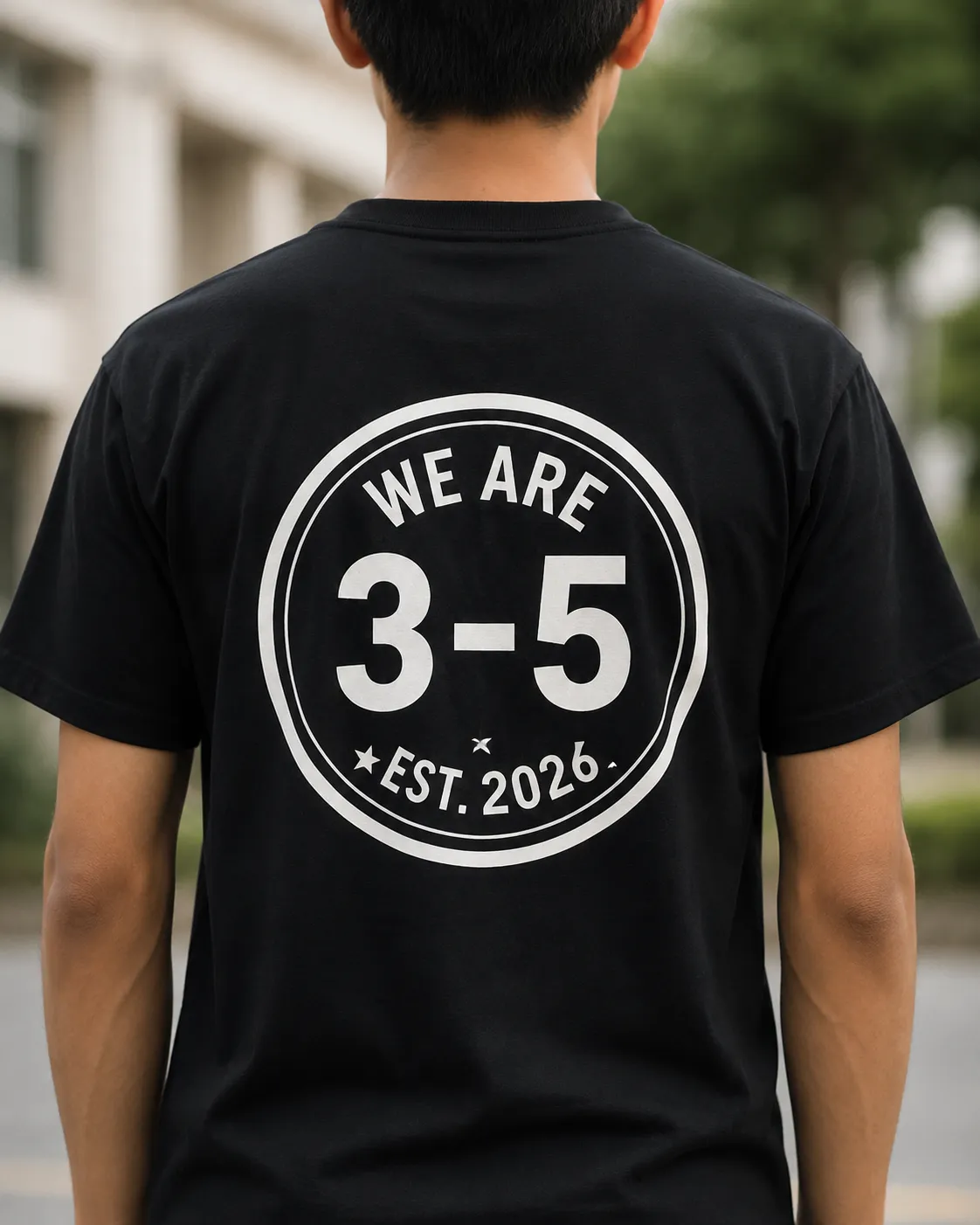 黒のクラスTシャツに円形ロゴと3-5を配置したデザイン