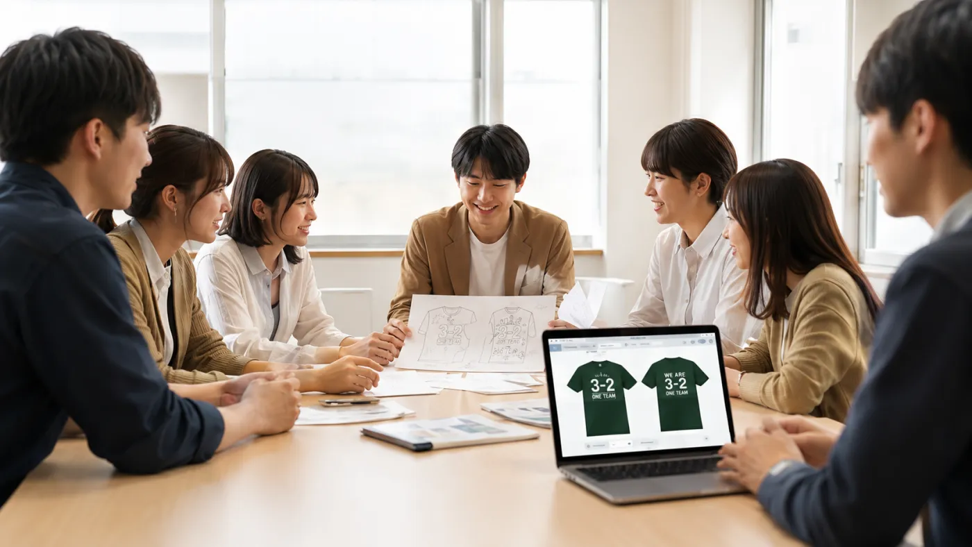 クラスTシャツのデザイン案を話し合う様子
