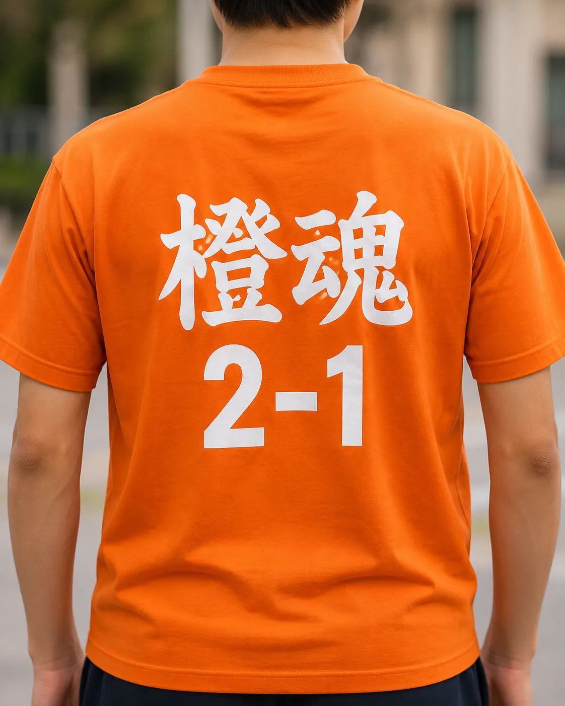 オレンジのクラスTシャツに漢字と2-1を大きく配置したデザイン