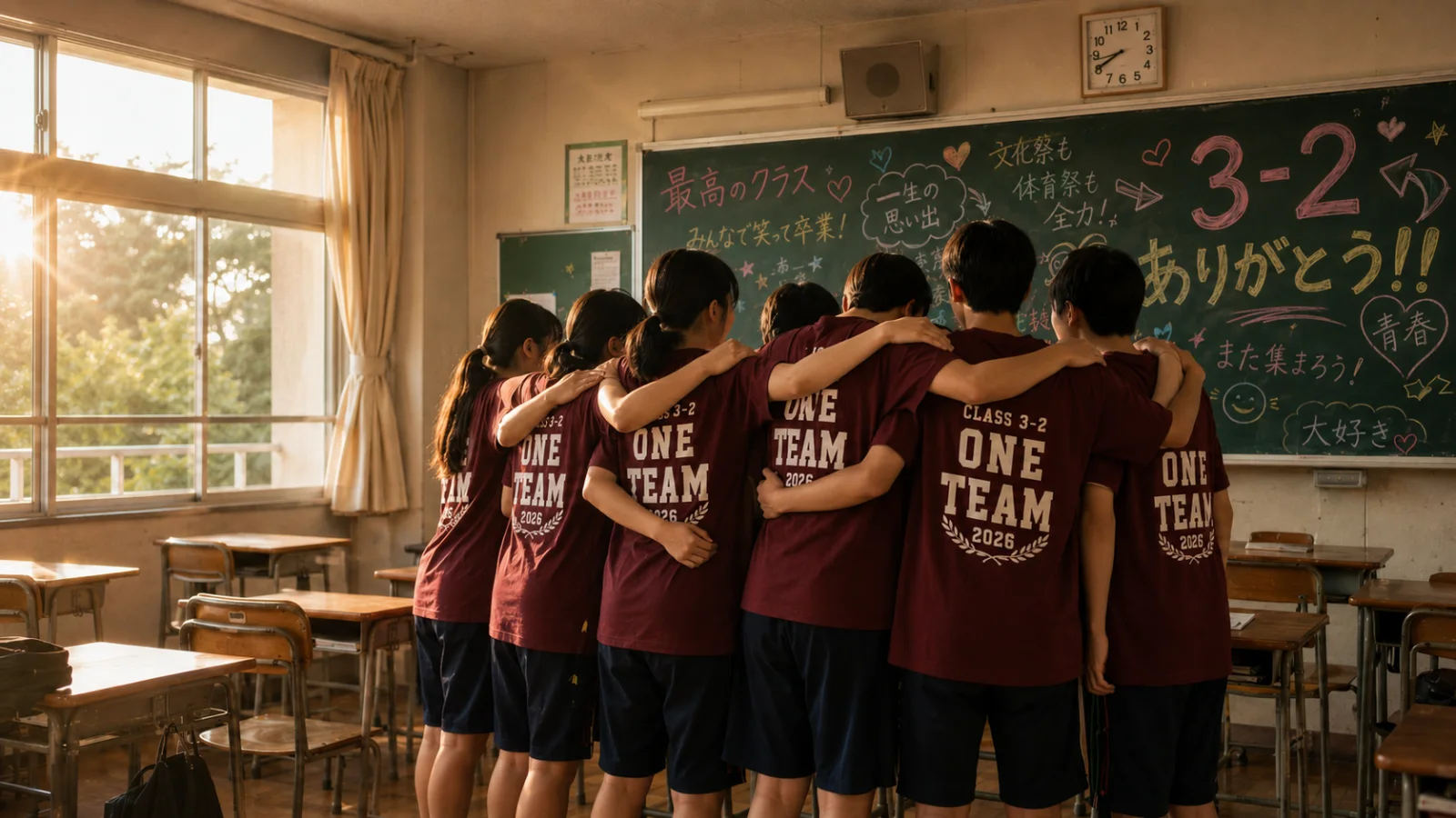 学年カラーのクラスTシャツを着た生徒が教室で集合している様子