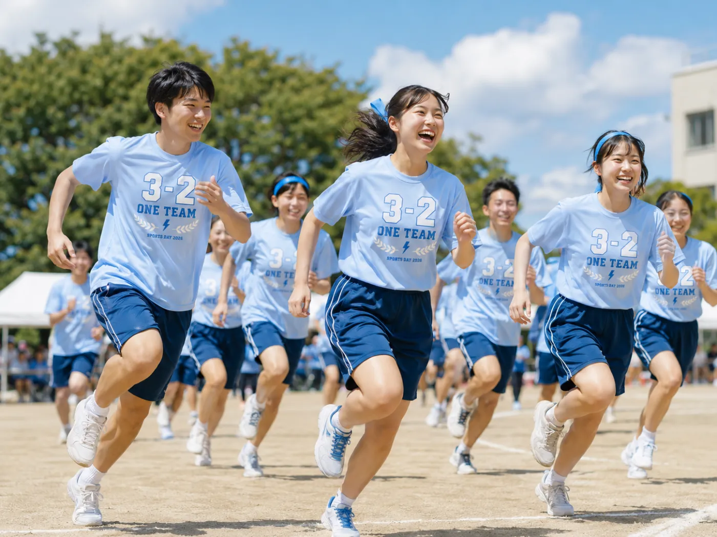 水色の体育祭Tシャツで走る学生たち